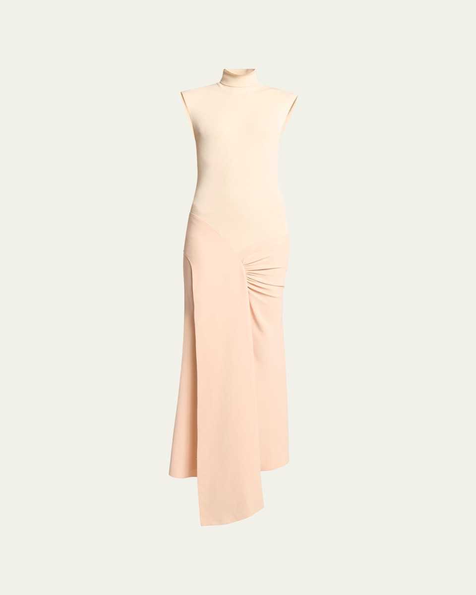 Mixed-Media Turtleneck Crop-Waist Maxi Dress